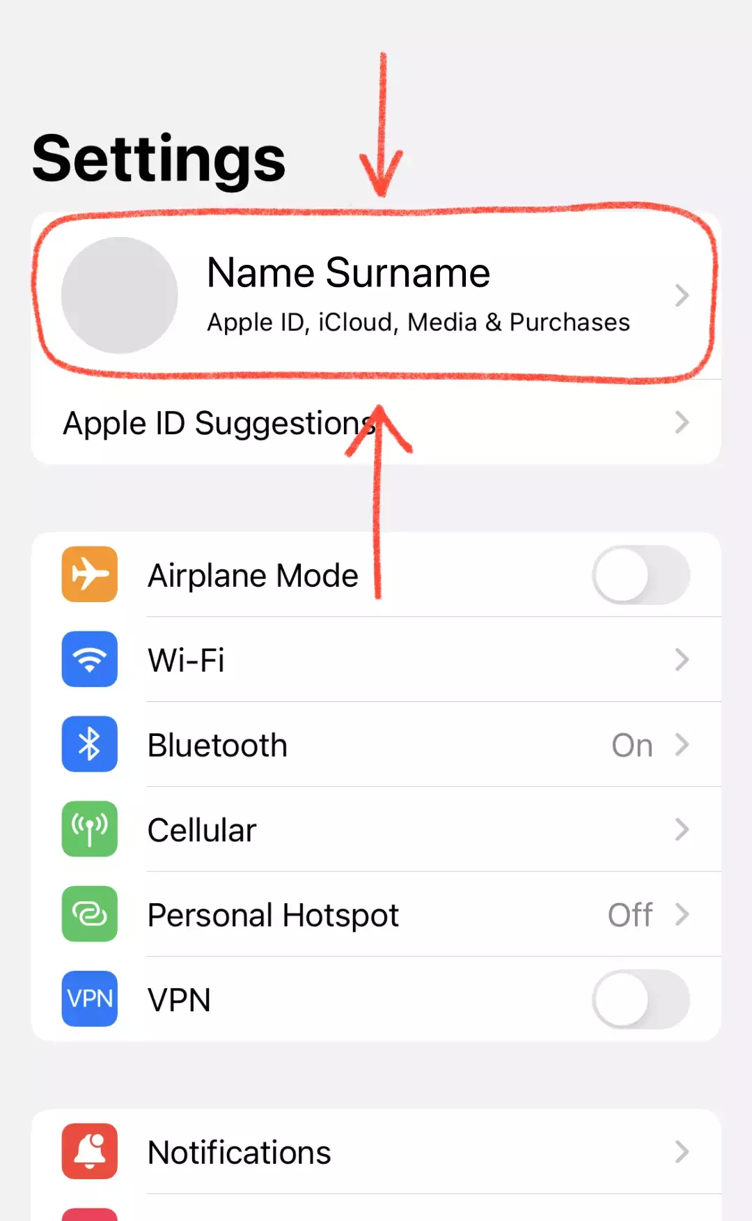 iOS Settings with the Apple ID row at the top highlighted