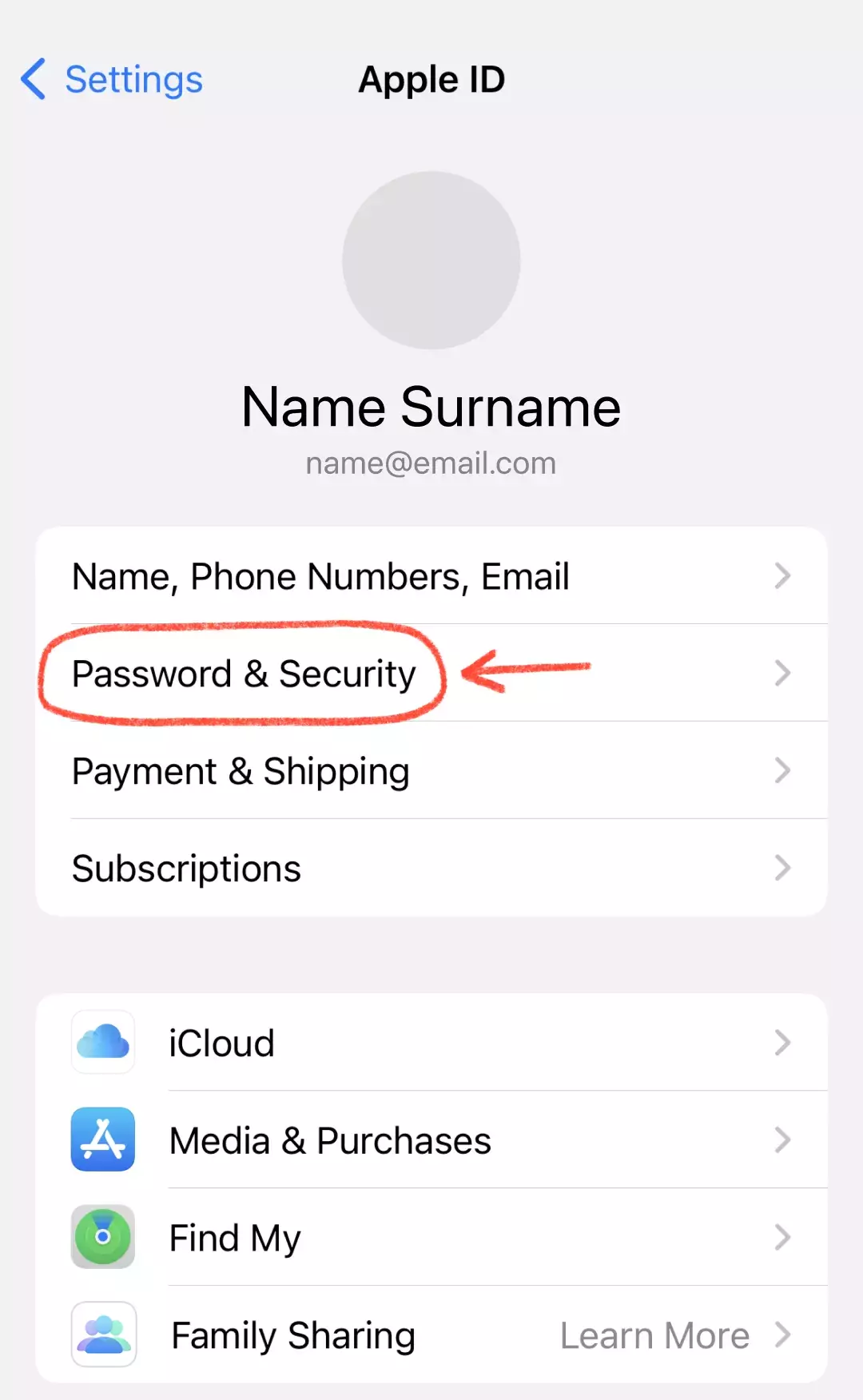 The Apple ID screen with "Passwords & Security" highlighted