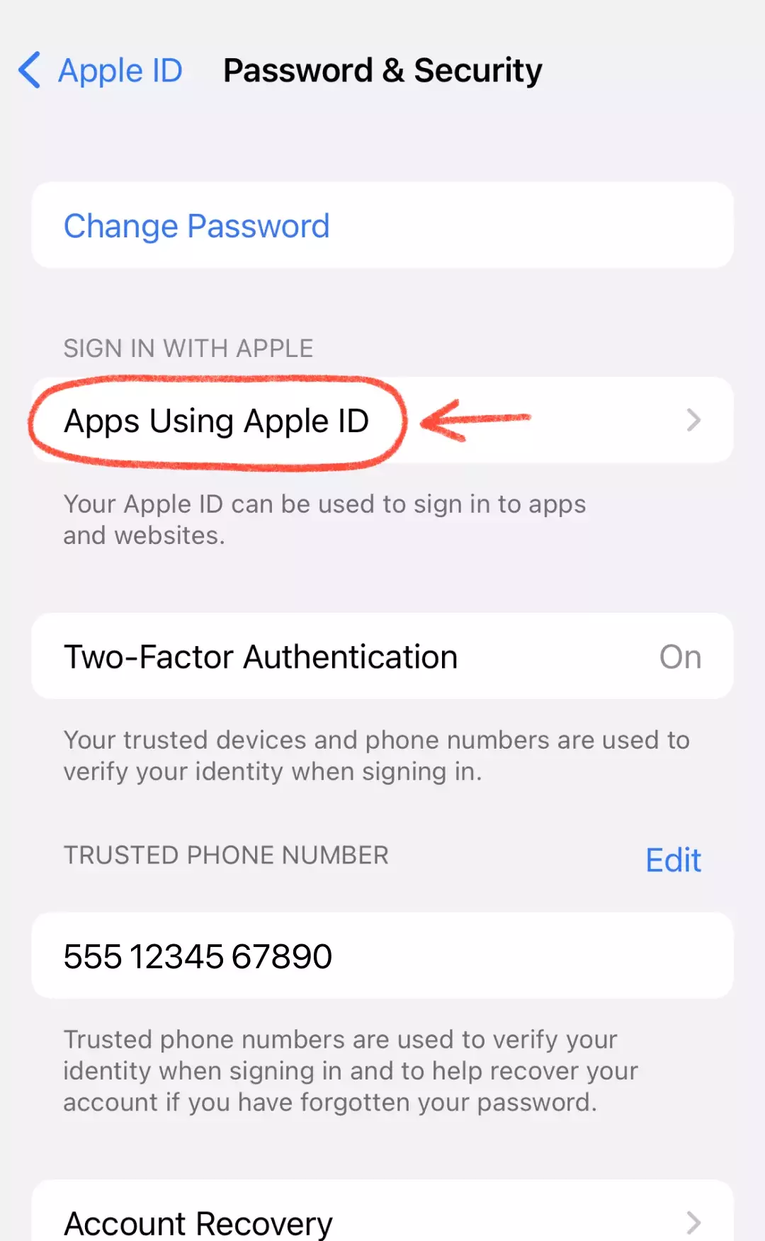 Password & Security screen with "Apps Using Apple ID" highlighted