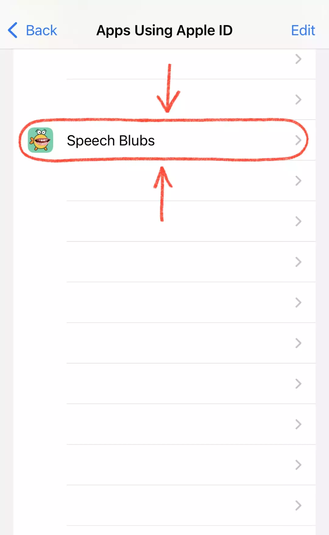 List of apps using Apple ID, with Speech Blubs highlighted