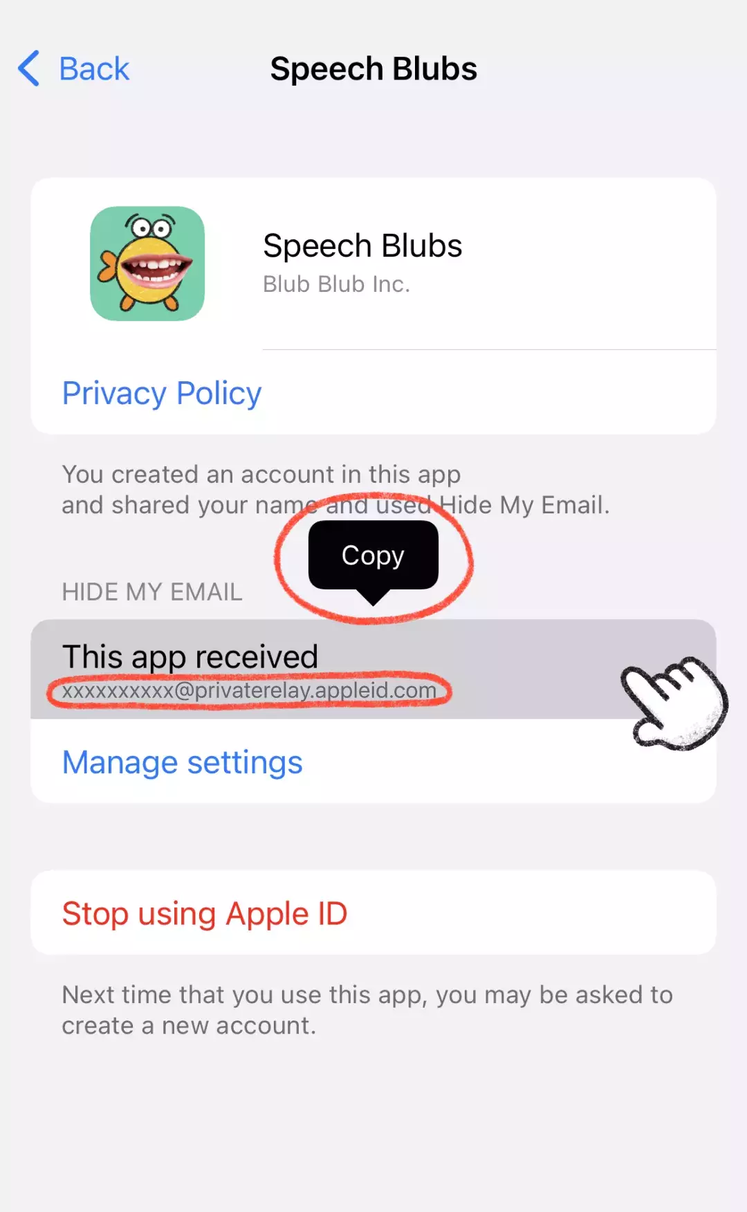 The Speech Blubs entry showing the anonymous address under "This app received"