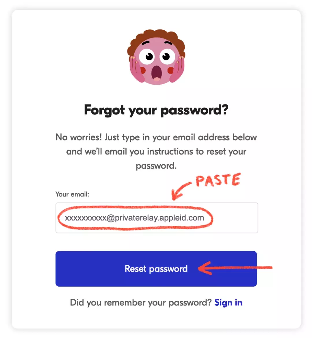 Setting up a password on the website using the copied email address